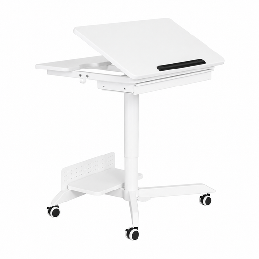 White Mobile Height Adjustable Sit Stand Desk with Tilting Desktop, Drawer & Lockable Wheels – Compact Home Office Mobile Workstation