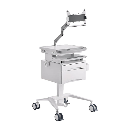 Ergox EA-MED03-4 white mobile medical workstation with monitor arm, drawers and castors