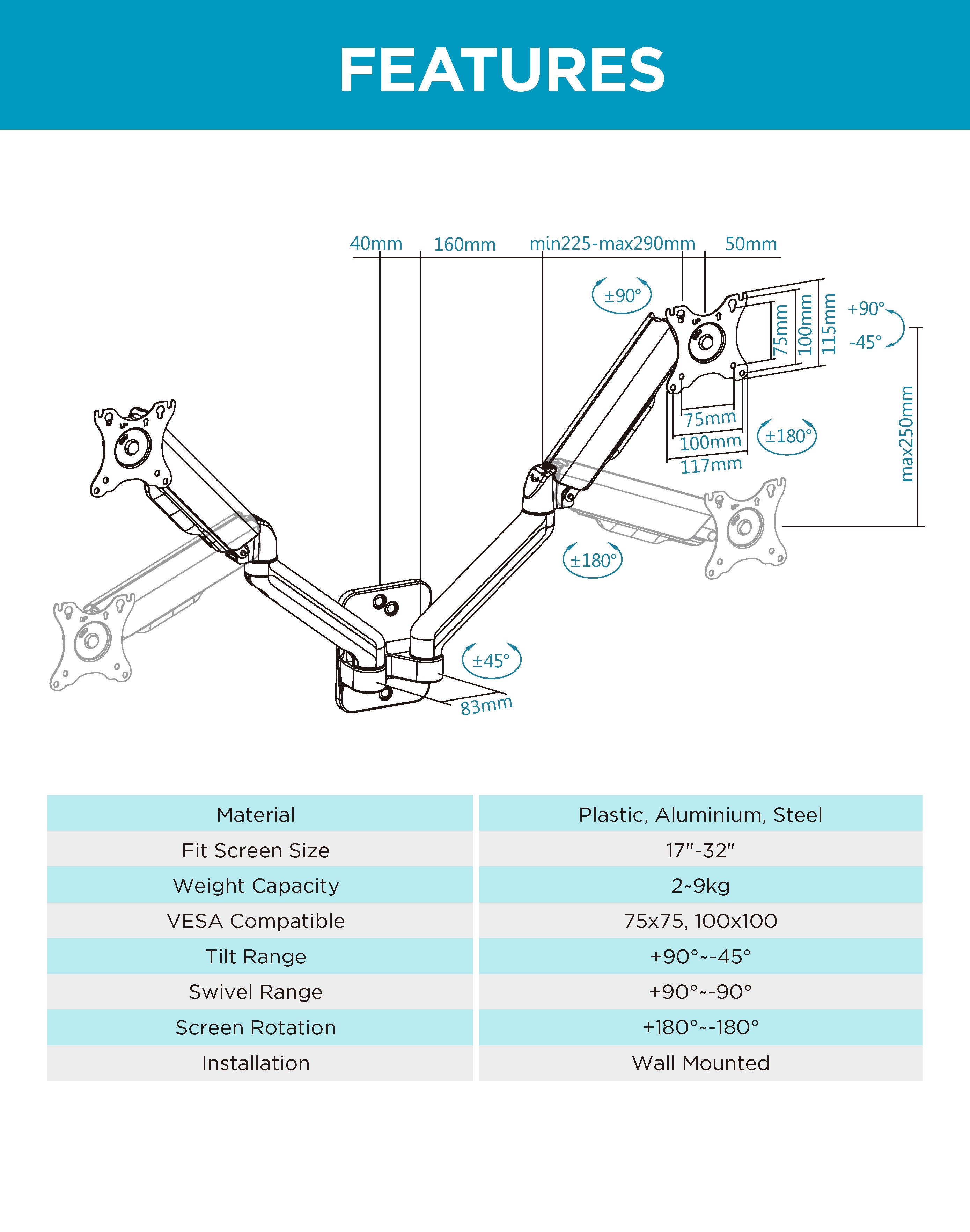 Wall Mount Full Extension Gas Spring Dual Monitor Arm Desk Mount Black