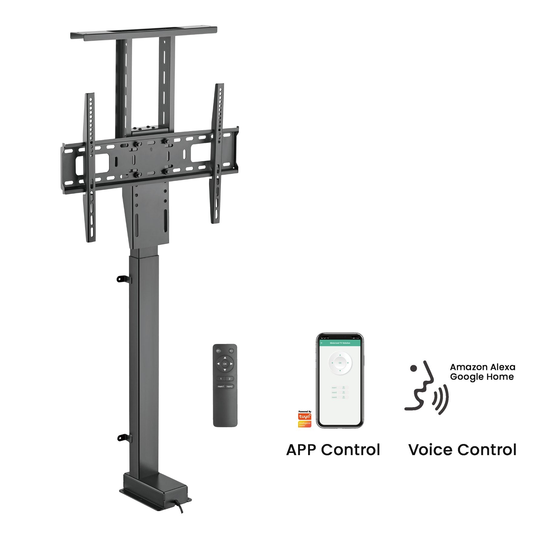 Ergox EA-WP2005M LP66E-46ML motorised TV lift column shown with RF remote, app control and voice control