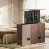 Ergox EA-WP2005M walnut TV lift cabinet with the television raised on the lift in a bedroom