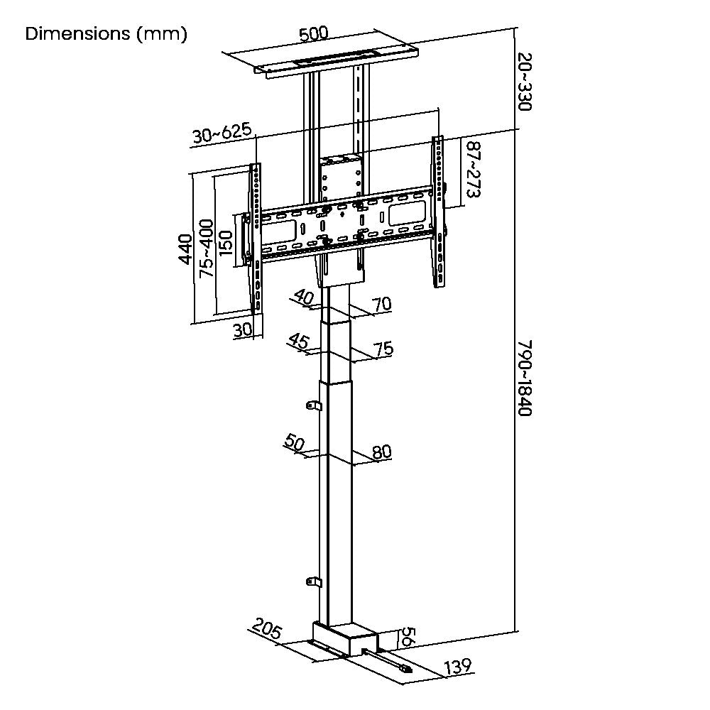 Ergox EA-WP2005M LP66E-46ML lift dimension drawing showing the 810mm to 2170mm height range