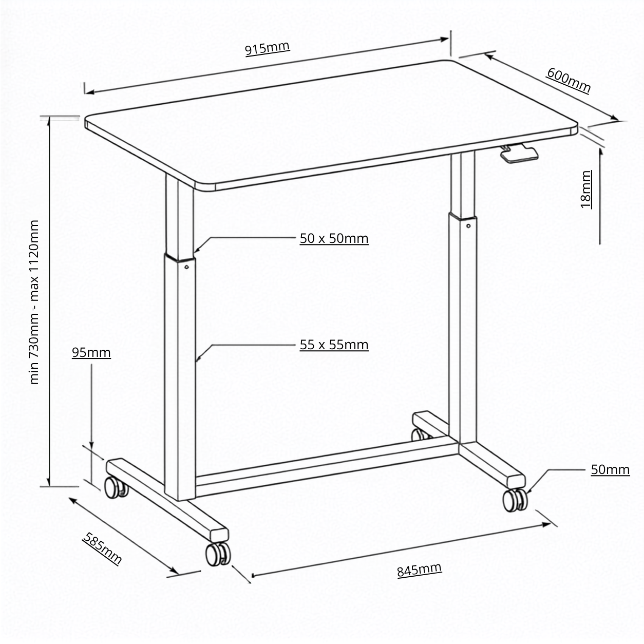 Compact Height Adjustable Portable Mobile Laptop Computer Workstation Office Sit Stand Desk 915 x 600mm on wheels