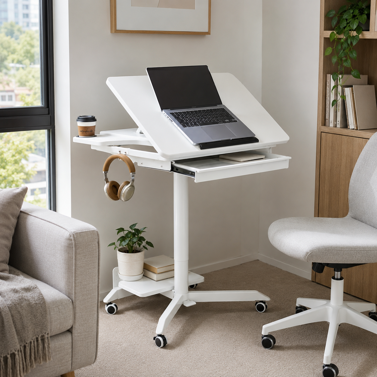 White Mobile Height Adjustable Sit Stand Desk with Tilting Desktop, Drawer & Lockable Wheels – Compact Home Office Mobile Workstation