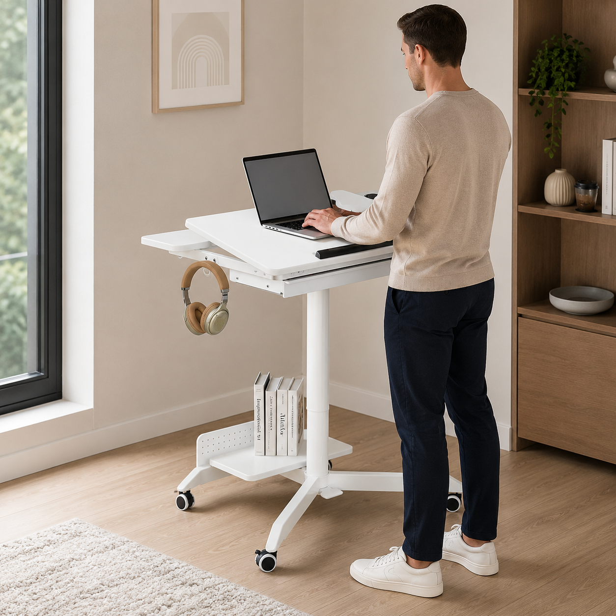 White Mobile Height Adjustable Sit Stand Desk with Tilting Desktop, Drawer & Lockable Wheels – Compact Home Office Mobile Workstation