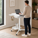 White Mobile Height Adjustable Sit Stand Desk with Tilting Desktop, Drawer & Lockable Wheels – Compact Home Office Mobile Workstation