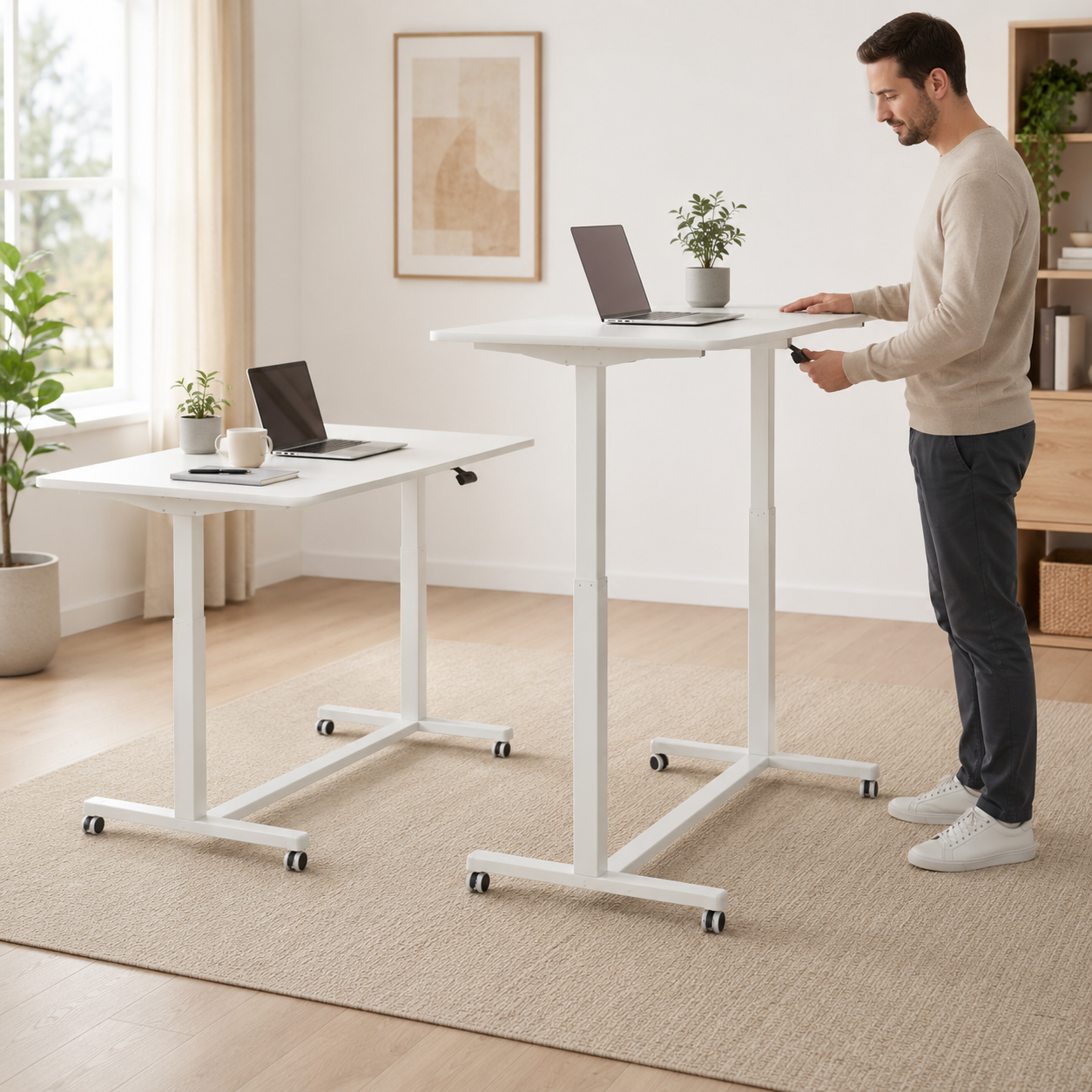 Compact Height Adjustable Portable Mobile Laptop Computer Workstation Office Sit Stand Desk 915 x 560mm on wheels