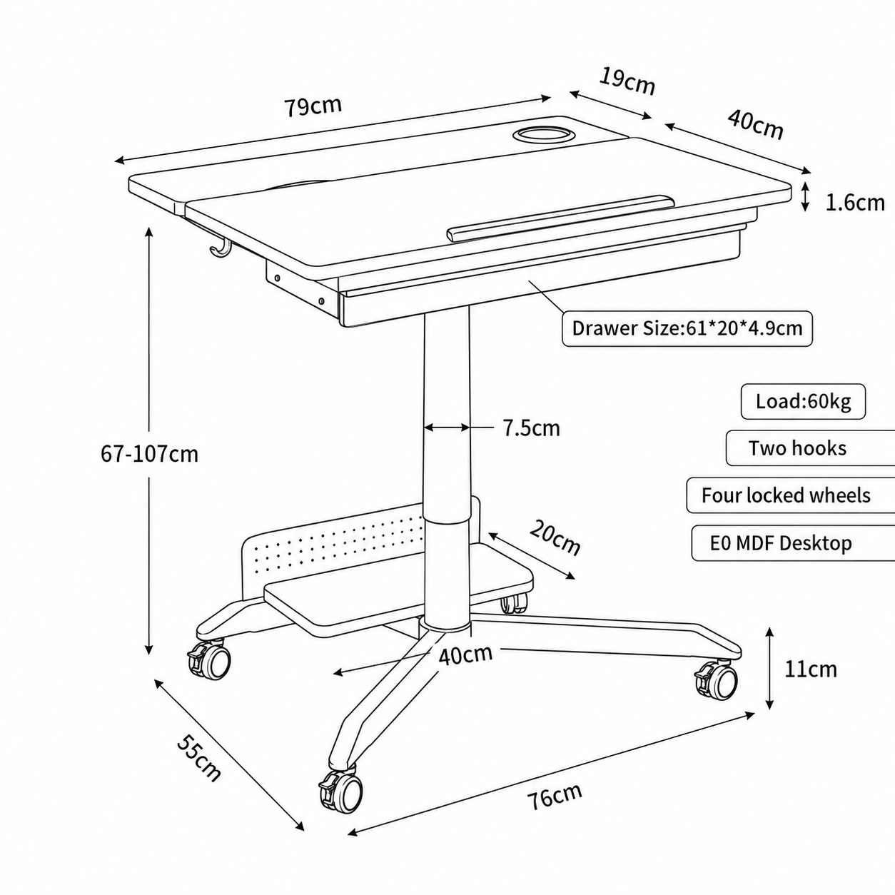 White Mobile Height Adjustable Sit Stand Desk with Tilting Desktop, Drawer & Lockable Wheels – Compact Home Office Mobile Workstation