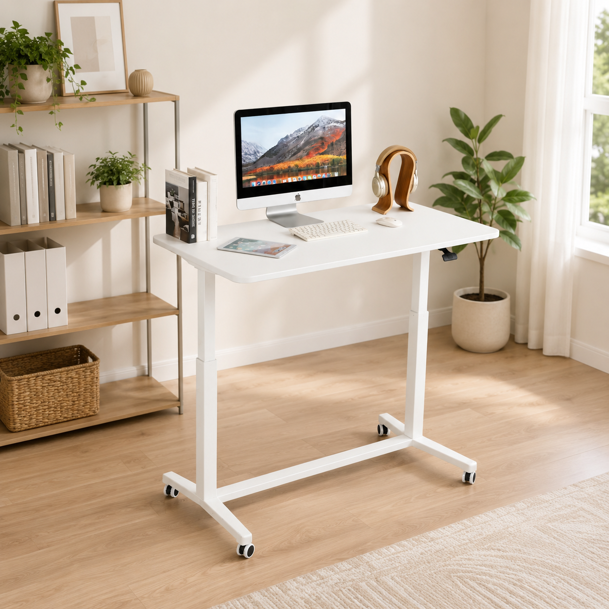 Compact Height Adjustable Portable Mobile Laptop Computer Workstation Office Sit Stand Desk 915 x 560mm on wheels