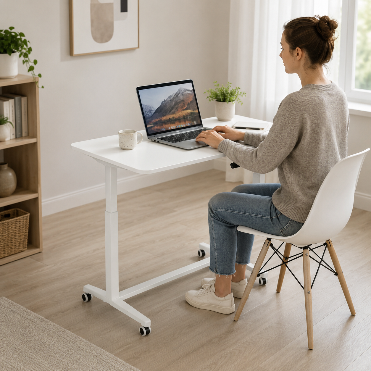 Compact Height Adjustable Portable Mobile Laptop Computer Workstation Office Sit Stand Desk 915 x 560mm on wheels