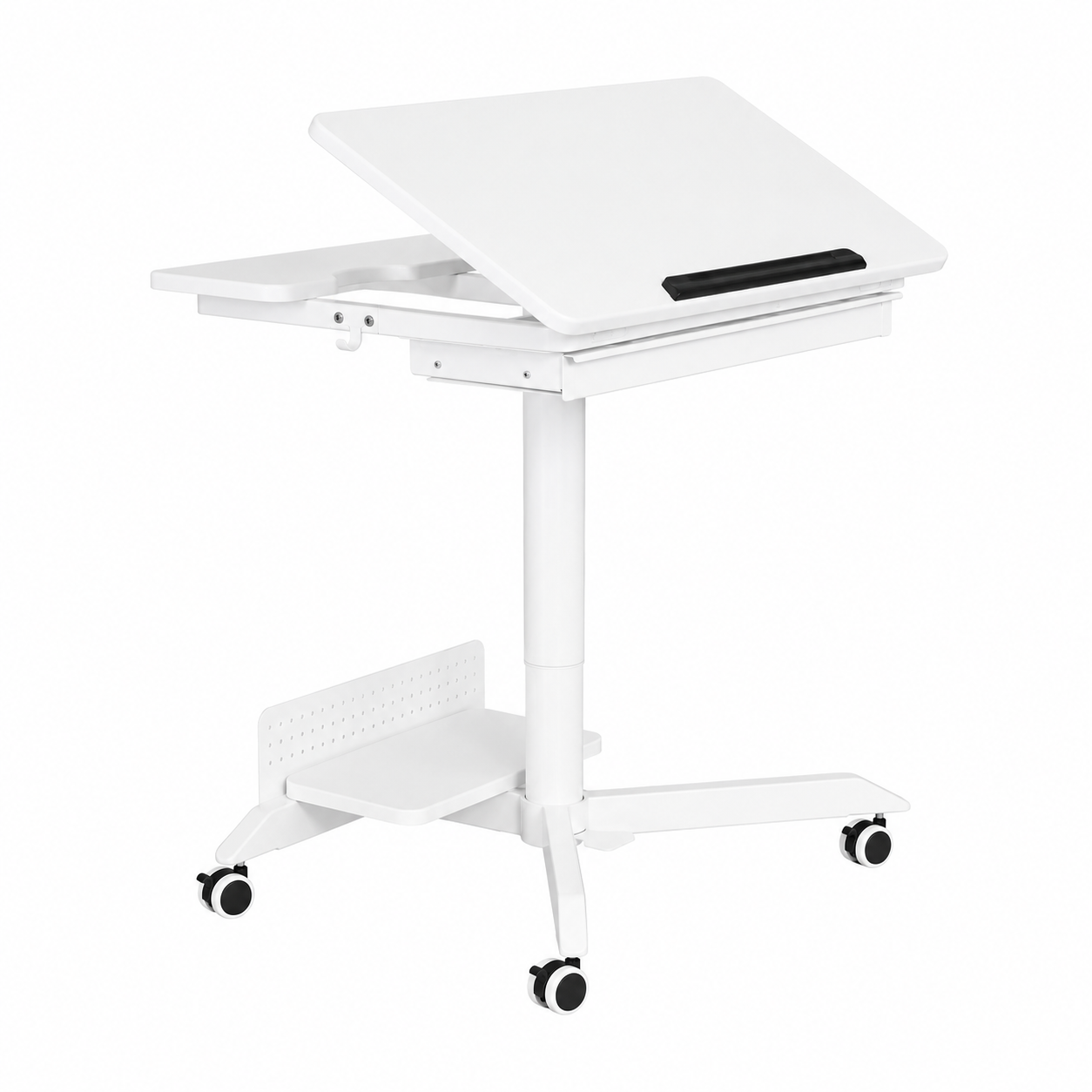 White Mobile Height Adjustable Sit Stand Desk with Tilting Desktop, Drawer & Lockable Wheels – Compact Home Office Mobile Workstation