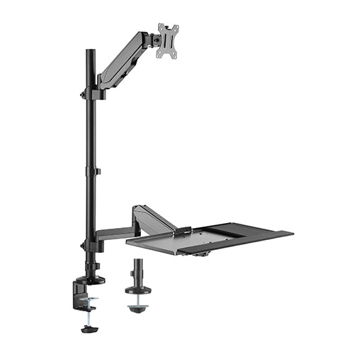 Pole Held Floating Sit-Stand Desk Converter with Single Full Extension Monitor Mount Gas Spring Monitor Arm Desk Mount Black