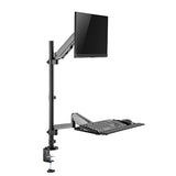 Pole Held Floating Sit-Stand Desk Converter with Single Full Extension Monitor Mount Gas Spring Monitor Arm Desk Mount Black