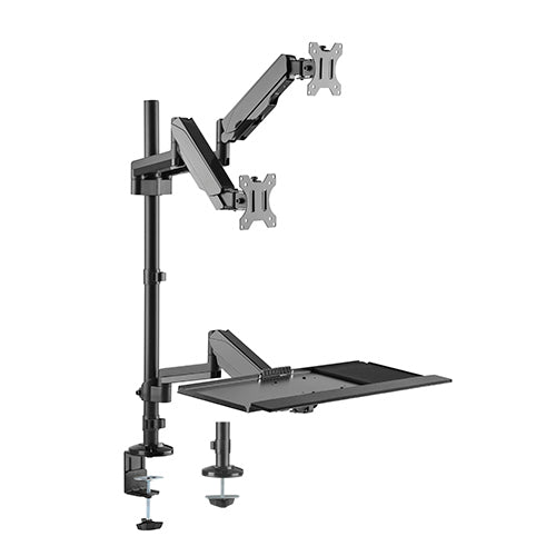 Pole Held Floating Sit-Stand Desk Converter with Dual Full Extension Monitor Mount Gas Spring Monitor Arm Desk Mount Black