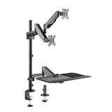 Pole Held Floating Sit-Stand Desk Converter with Dual Full Extension Monitor Mount Gas Spring Monitor Arm Desk Mount Black