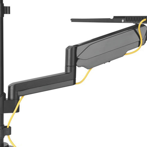 Pole Held Floating Sit-Stand Desk Converter with Dual Full Extension Monitor Mount Gas Spring Monitor Arm Desk Mount Black