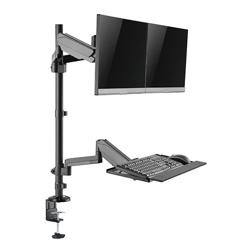 Pole Held Floating Sit-Stand Desk Converter with Dual Full Extension Monitor Mount Gas Spring Monitor Arm Desk Mount Black