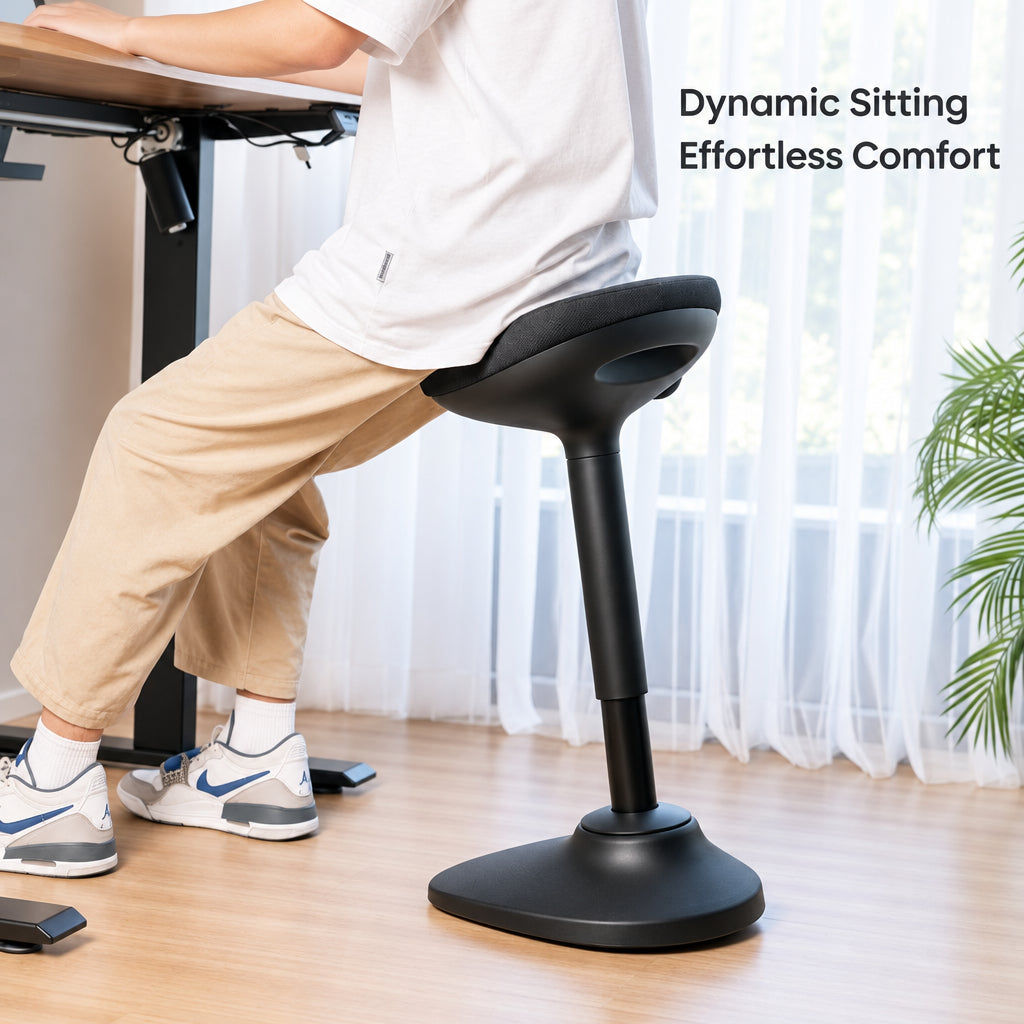 Man perching on the Ergox EA-R15-BK wobble stool at a standing desk