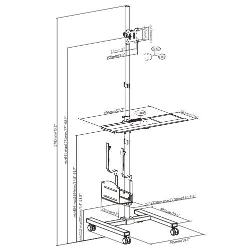 Mobile Computer Workstation Cart with Adjustable Monitor Mount, Keyboard Tray & CPU Holder