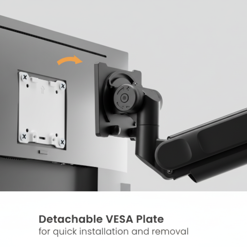 Close-up of a white monitor arm with a detachable VESA plate, shown against a light gray background with an orange arrow indicating the plate for quick installation and removal.