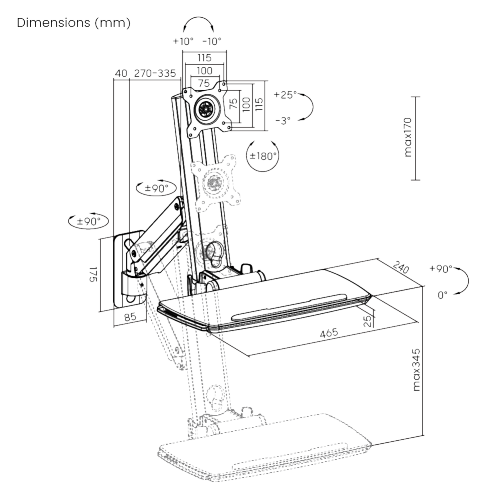 Space Saving Wall Mounted Workstation Gas Spring Arm Monitor Height Adjustable with Keyboard Tray EA-MED02-1