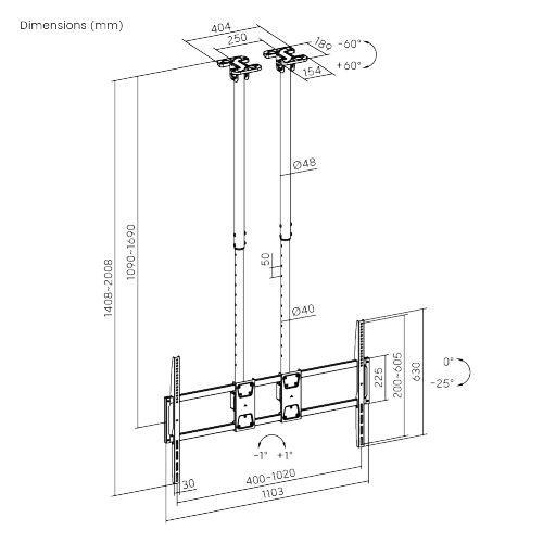 Up to 120" TV Dual Pole Heavy Duty Ceiling Mount with Tilt & Swivel