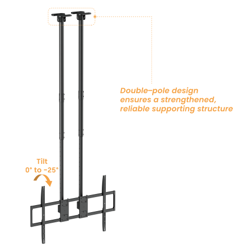Up to 120" TV Dual Pole Heavy Duty Ceiling Mount with Tilt & Swivel with Longer Pole