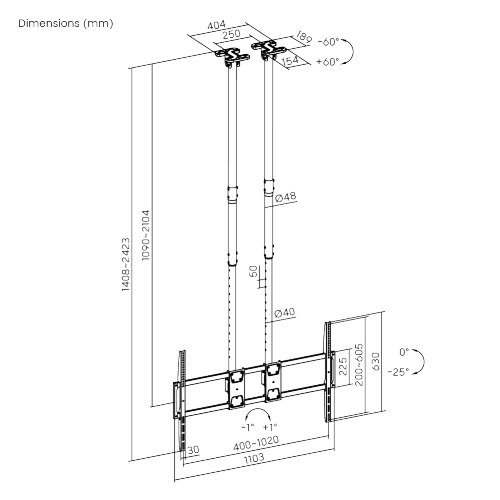 Up to 120" TV Dual Pole Heavy Duty Ceiling Mount with Tilt & Swivel with Longer Pole