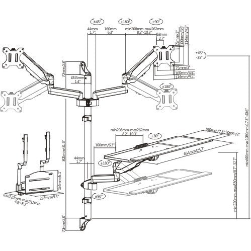 Wall Mount Dual Screen Monitor Arm with Keyboard Tray and CPU Holder