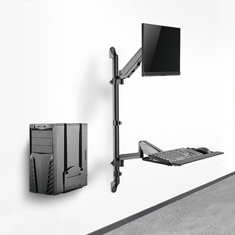 Wall Mount Single Screen Monitor Arm with Keyboard Tray and CPU Holder