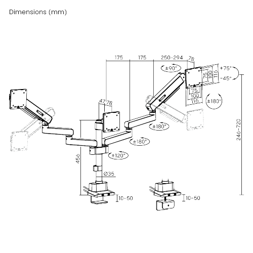 Premium Heavy Duty Triple Monitor Screen Pole mounted Mechanical Spring Monitor Arm with USB Ports