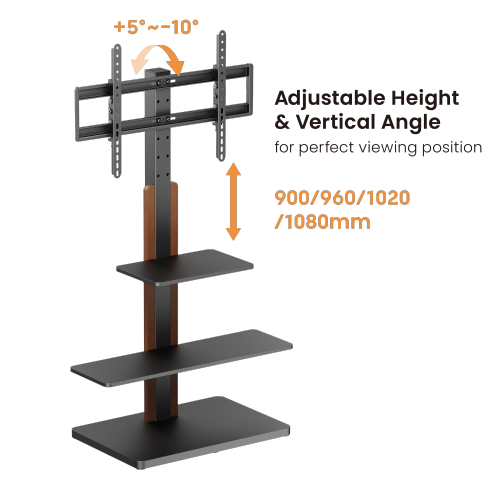 For 32"-75" Height Adjustable TV Floor Stand with multi shelf storage
