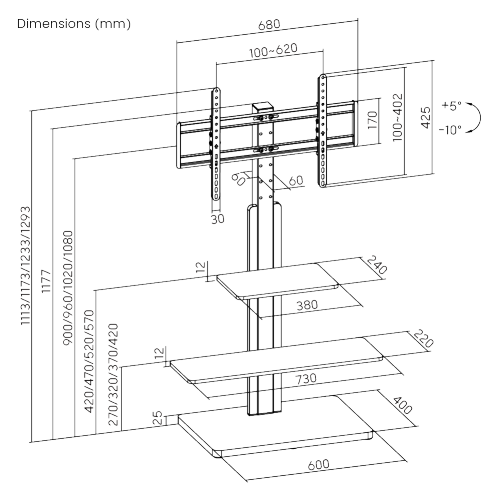 For 32"-75" Height Adjustable TV Floor Stand with multi shelf storage