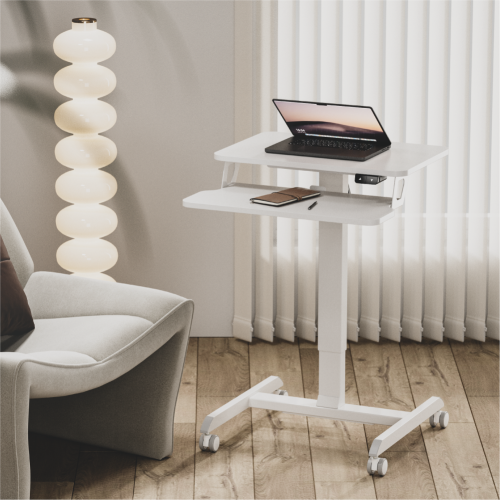 Two Tier Electric Height Adjustable Portable Mobile Computer Laptop Office Desk 600 x 400mm Workstation on wheels