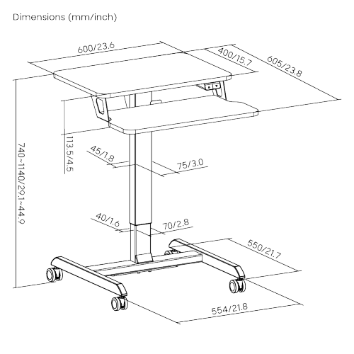 Two Tier Electric Height Adjustable Portable Mobile Computer Laptop Office Desk 600 x 400mm Workstation on wheels