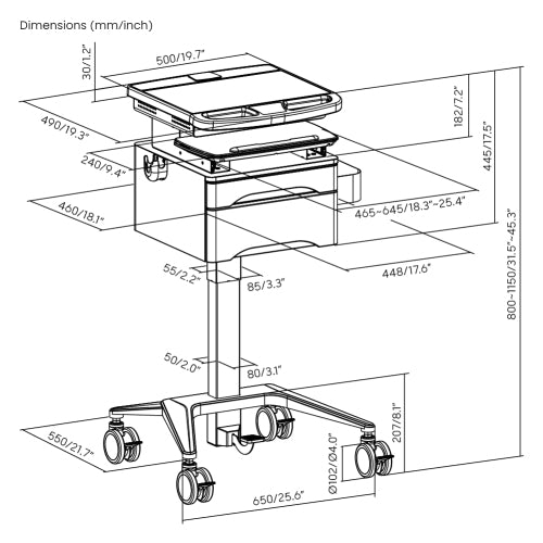 Height Adjustable Portable Mobile Computer Laptop Office Desk Workstation with Drawer on wheels