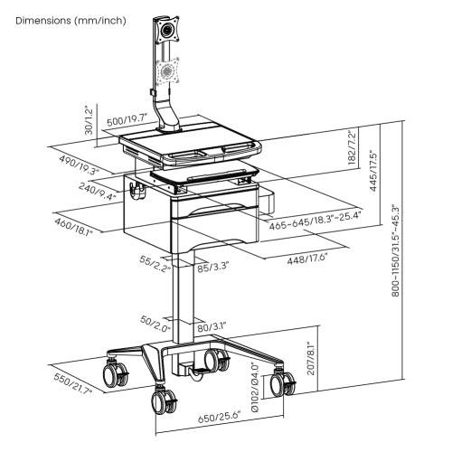 Height Adjustable Portable Mobile Computer Laptop Office Desk Workstation with Monitor Stand and Drawer on wheels