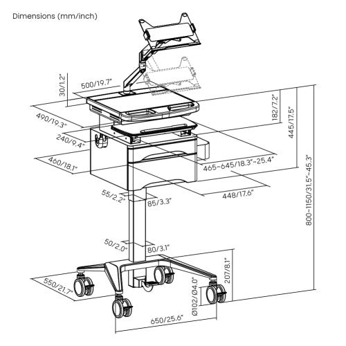 Height Adjustable Portable Mobile Computer Laptop Office Desk Workstation with Laptop Tablet Holder and Drawer on wheels