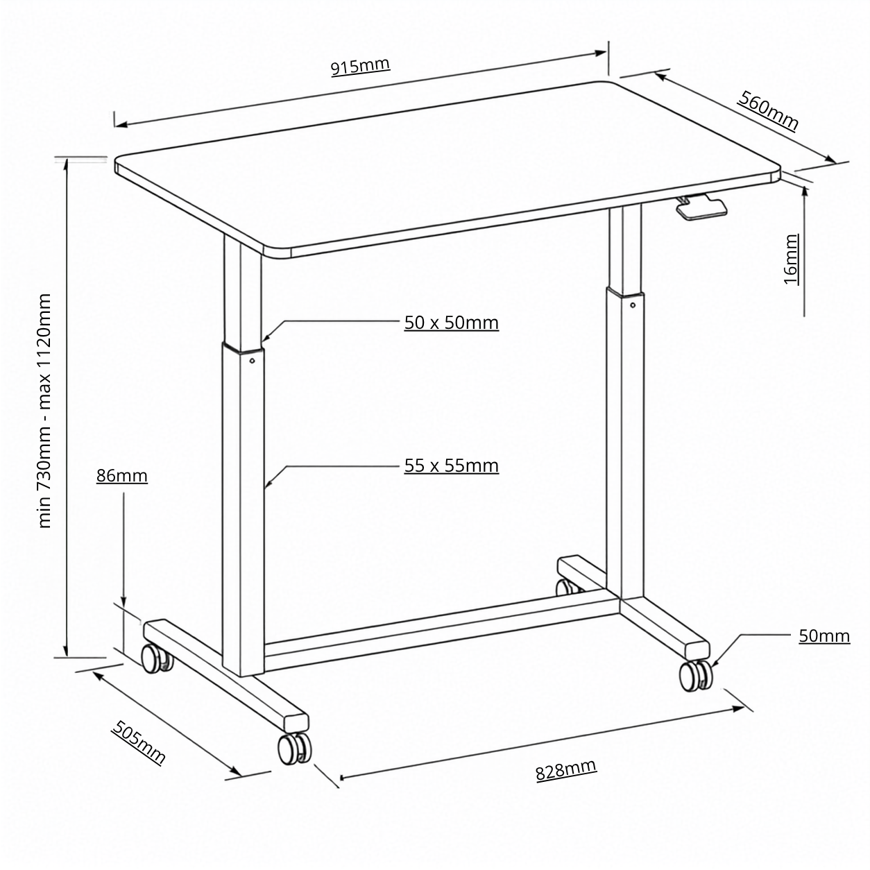 Compact Height Adjustable Portable Mobile Laptop Computer Workstation Office Sit Stand Desk 915 x 560mm on wheels