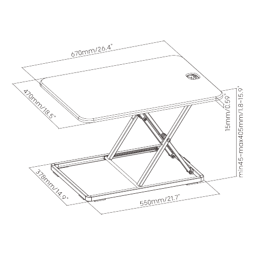 Dimension drawing of the Ergox ultra-slim desk converter, 670 x 470mm